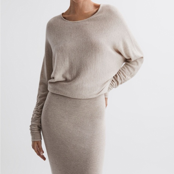 Reiss Leila Neutral Wool Blend Ruched Sleeve Dolman Midi Sweater Dress Size L - Picture 2 of 10